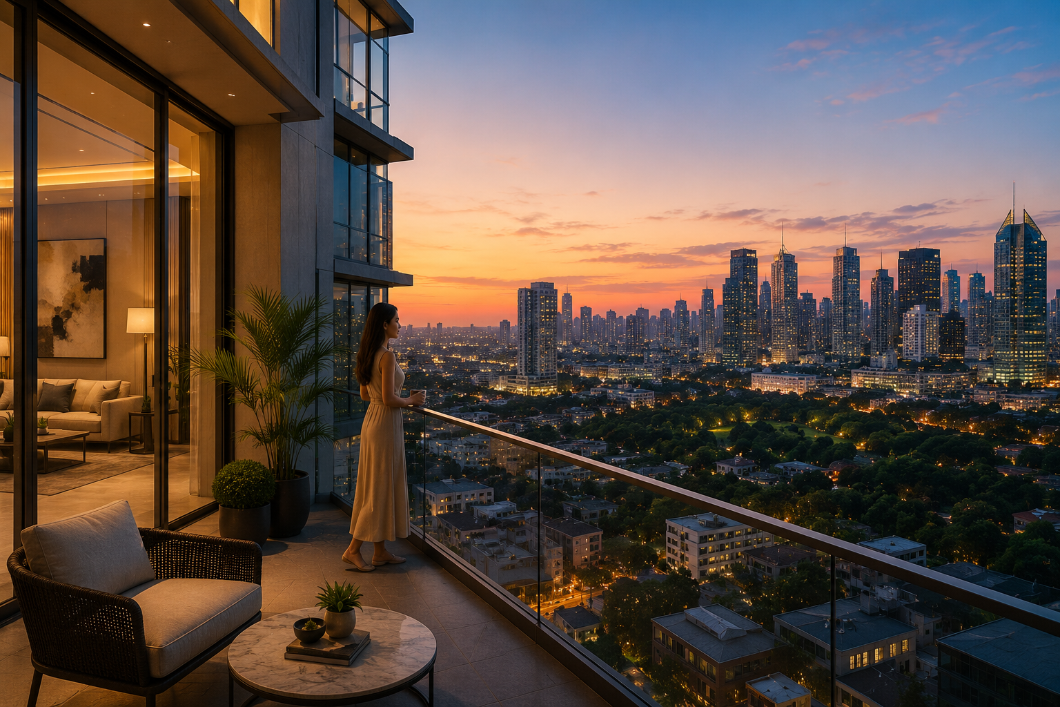 Luxury high-rise condominium balcony overlooking the Metro Manila skyline at sunset with premium city views and modern interiors.