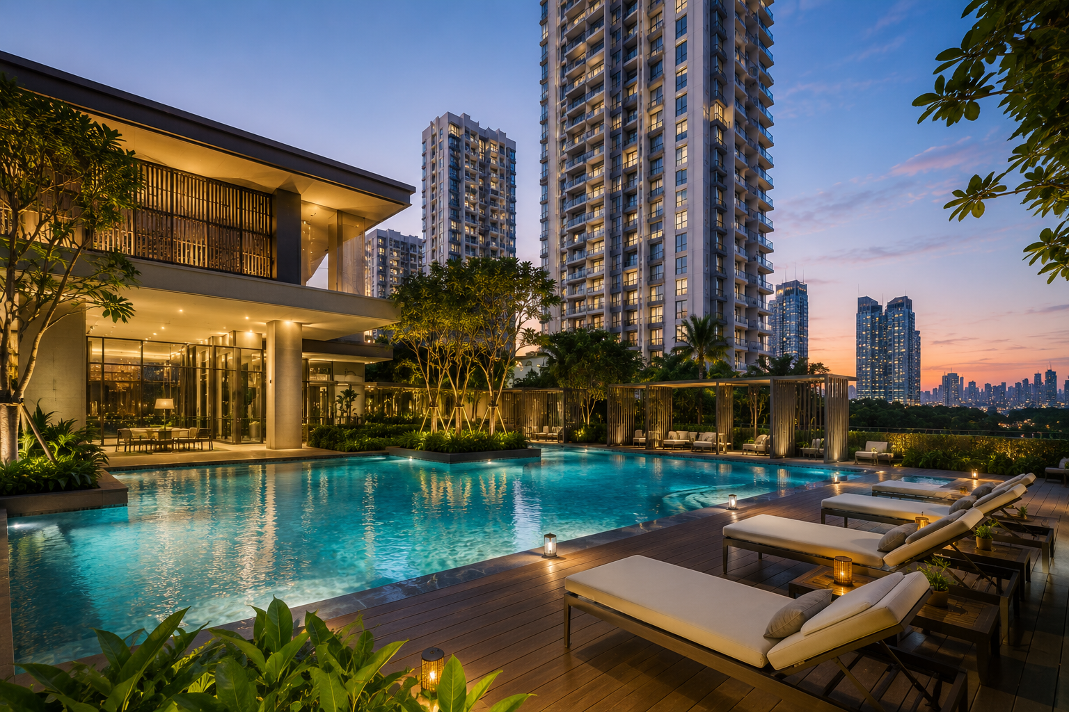 Luxury condominium amenities featuring a resort-style swimming pool, landscaped gardens, and modern residential towers at sunset.