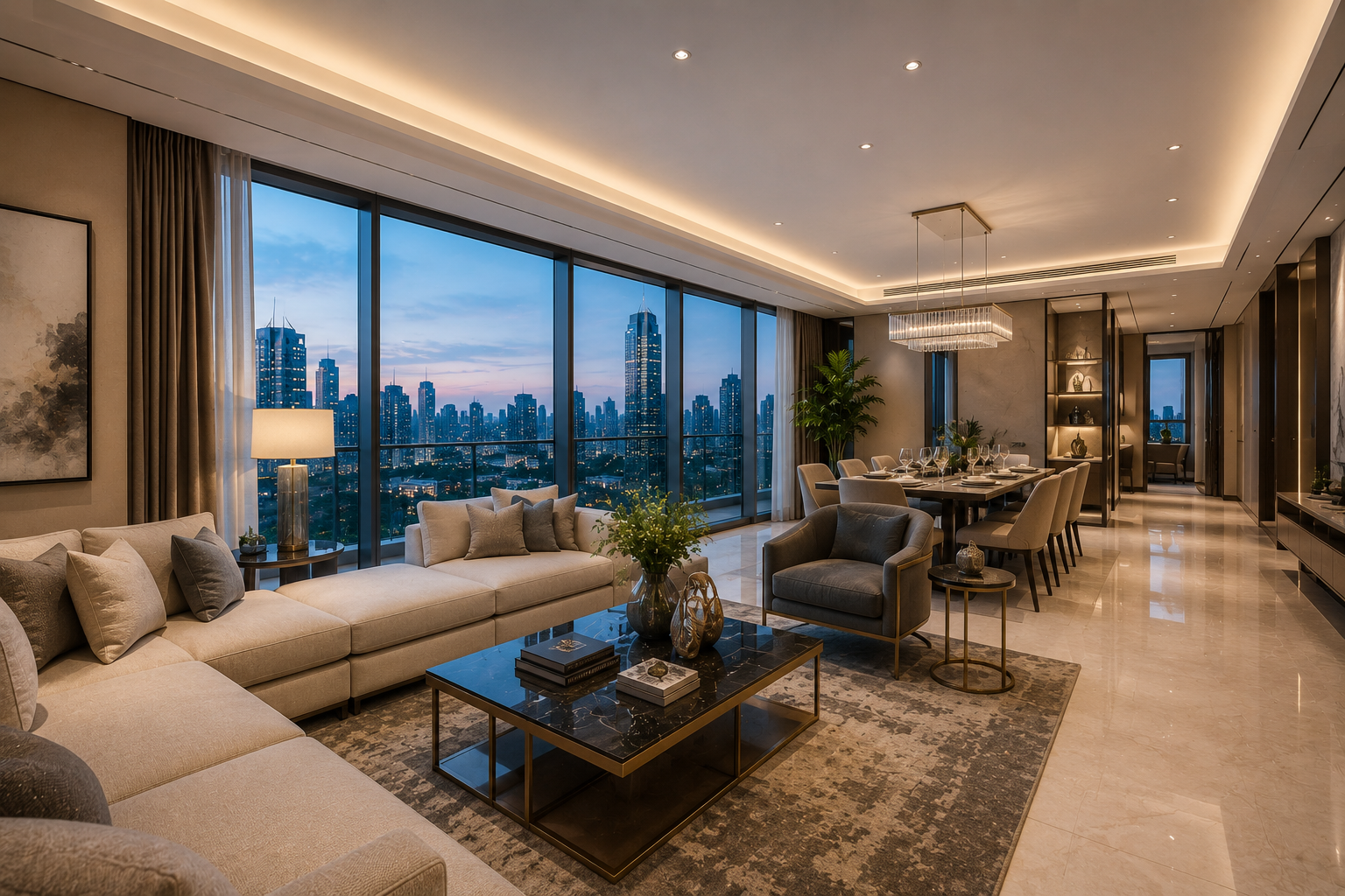 Luxury condominium living and dining area with floor-to-ceiling windows overlooking the Metro Manila skyline at dusk.