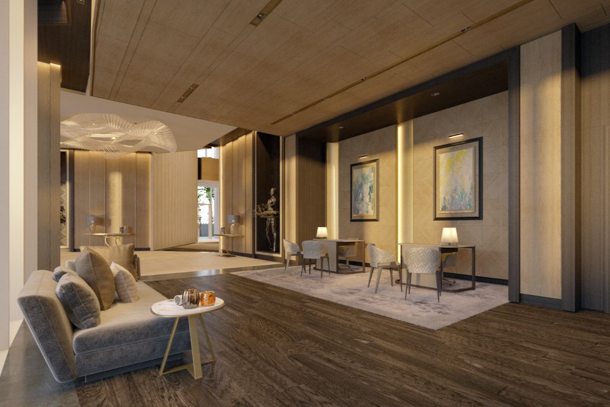 A render of the lobby at Aurelia Residences