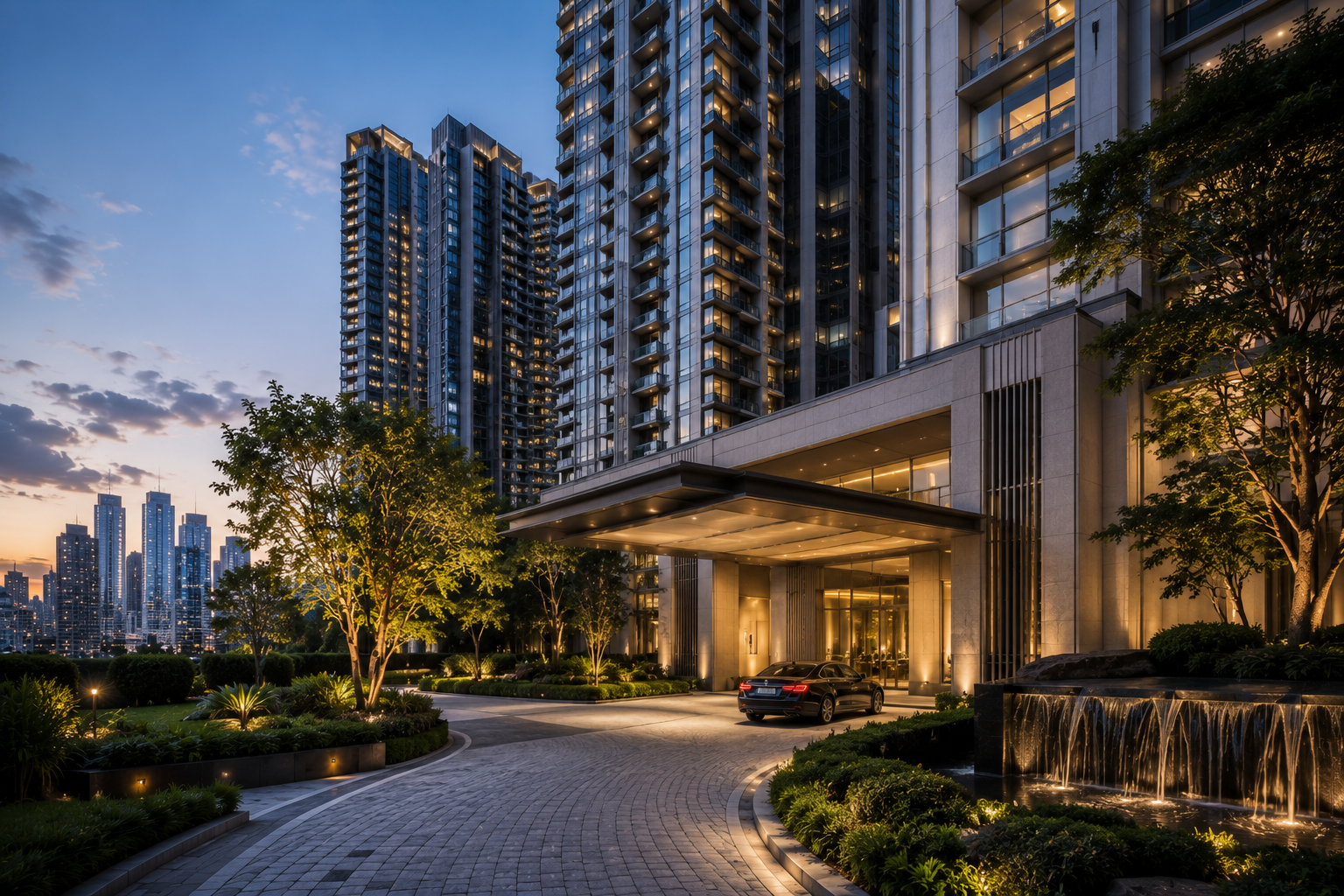 Luxury residential development with contemporary high-rise towers, landscaped entrance, and premium architectural design in a prestigious urban district, representing long-term investment value and enduring quality.