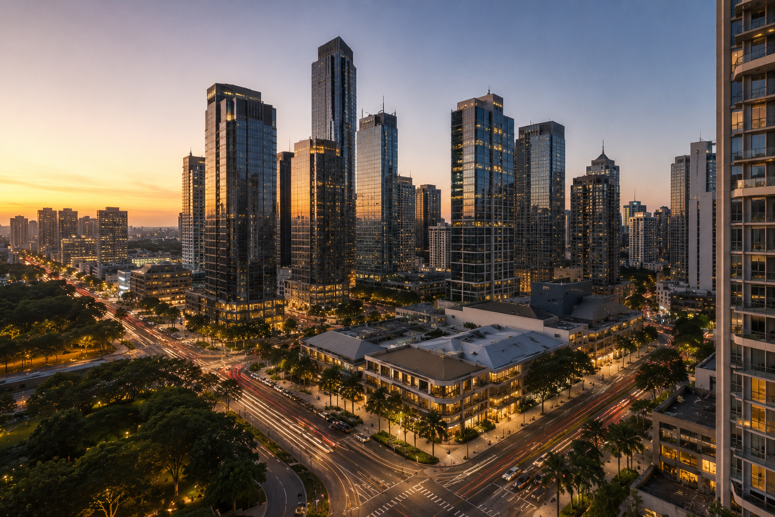 Aerial view of a premium mixed-use business district with luxury residential towers, commercial centers, tree-lined streets, and major road networks highlighting a prime urban location.