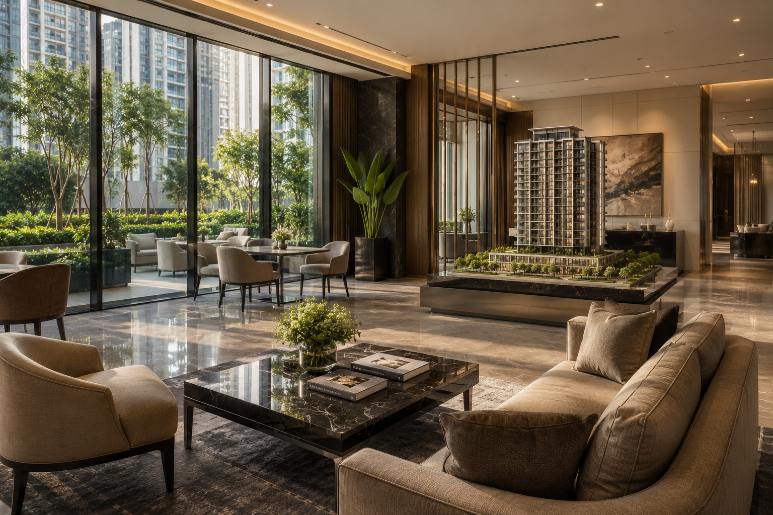 Luxury condominium sales gallery with a detailed architectural scale model, elegant lounge seating, floor-to-ceiling windows, and premium interior finishes showcasing a high-end residential development.