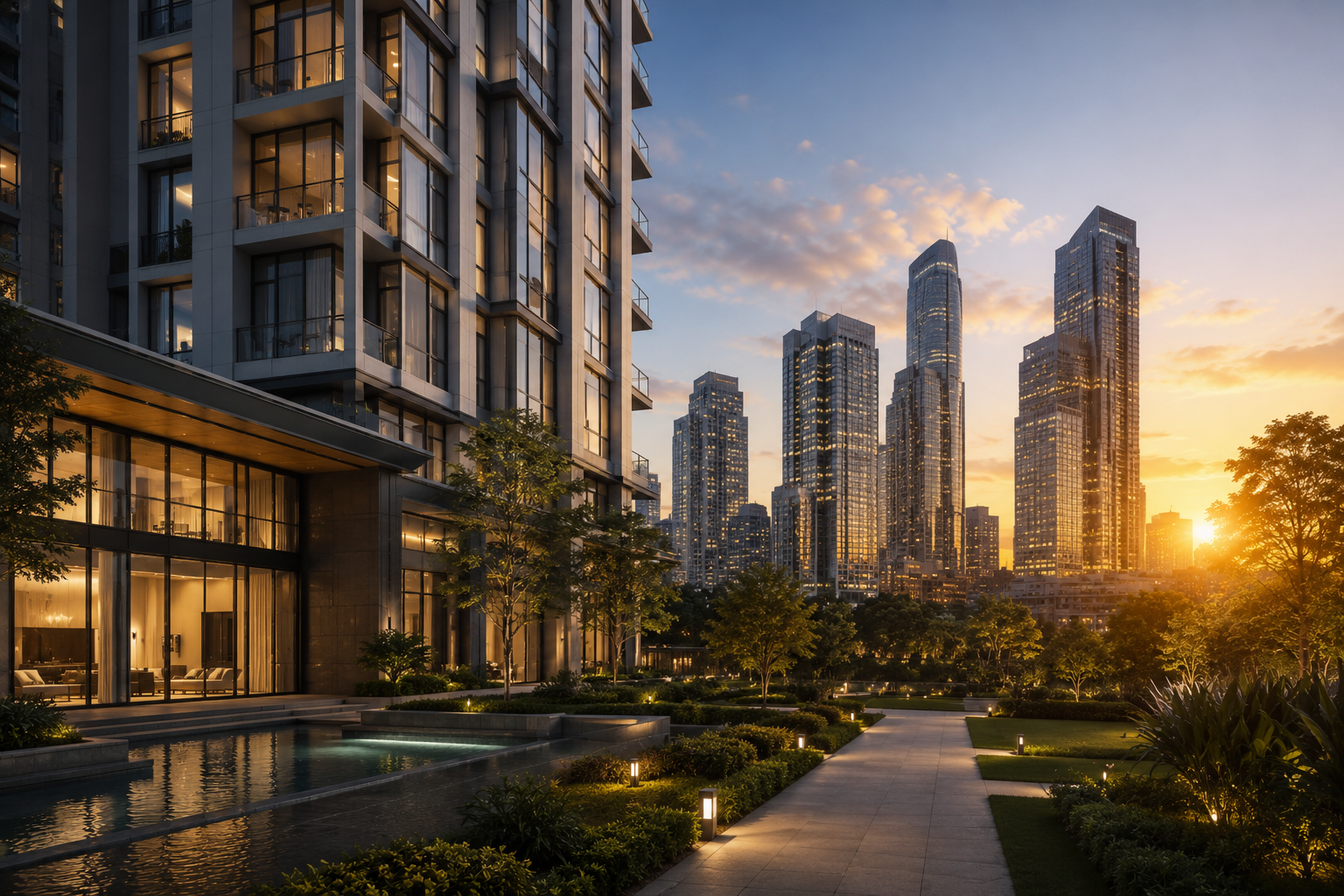 This image presents a refined luxury residential development framed by landscaped open spaces and a sophisticated city skyline, reflecting both elevated living and long-term investment appeal.