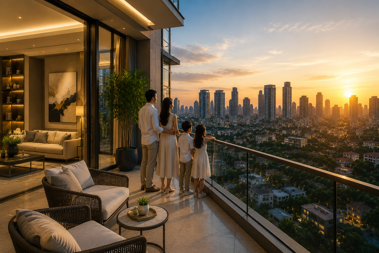 Family enjoying panoramic Metro Manila skyline views from the balcony of a luxury condominium with spacious modern interiors at sunset.