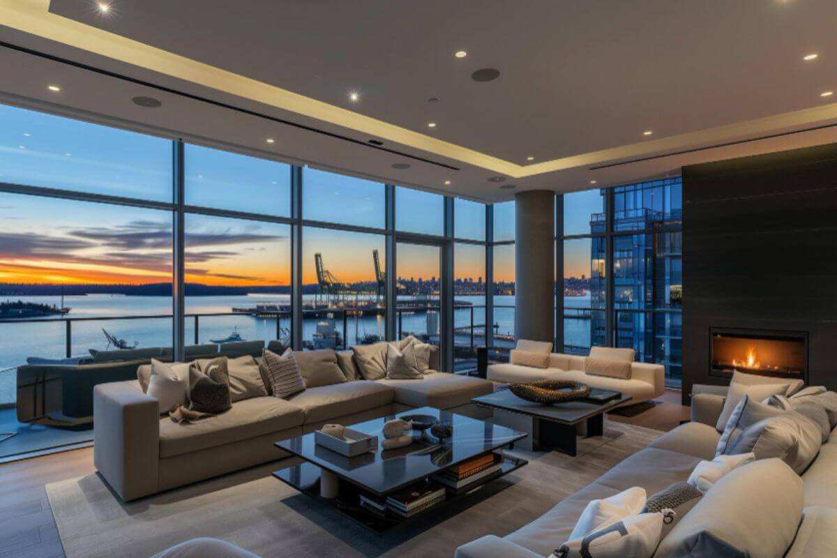 Luxury condominium living room with floor-to-ceiling windows overlooking the waterfront at sunset