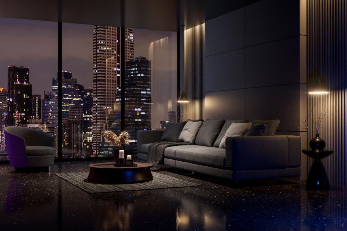 Modern high-rise residence interior with city skyline views at night