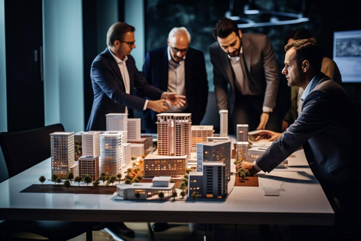 Real estate professionals reviewing a residential development model during a planning discussion