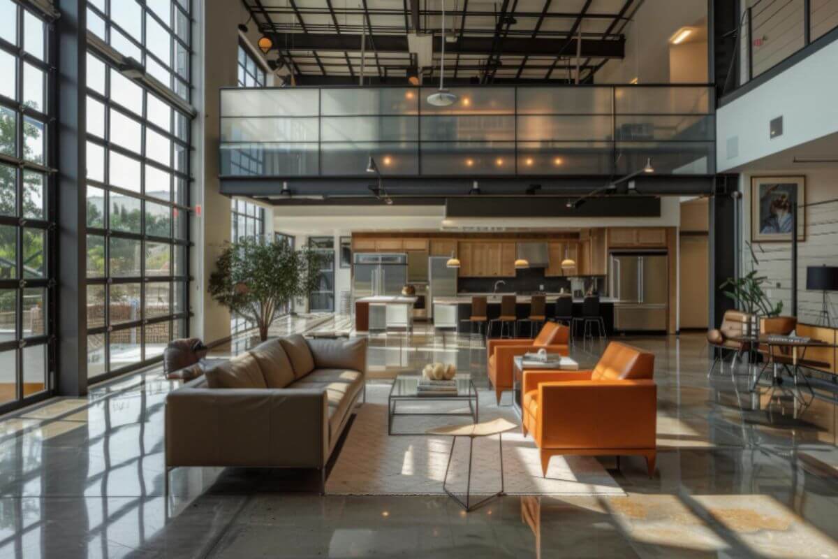Spacious modern loft-style residence with open living area and large windows