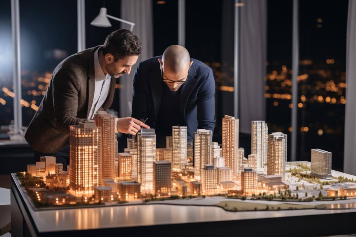 Real estate professionals reviewing an illuminated city development model at night