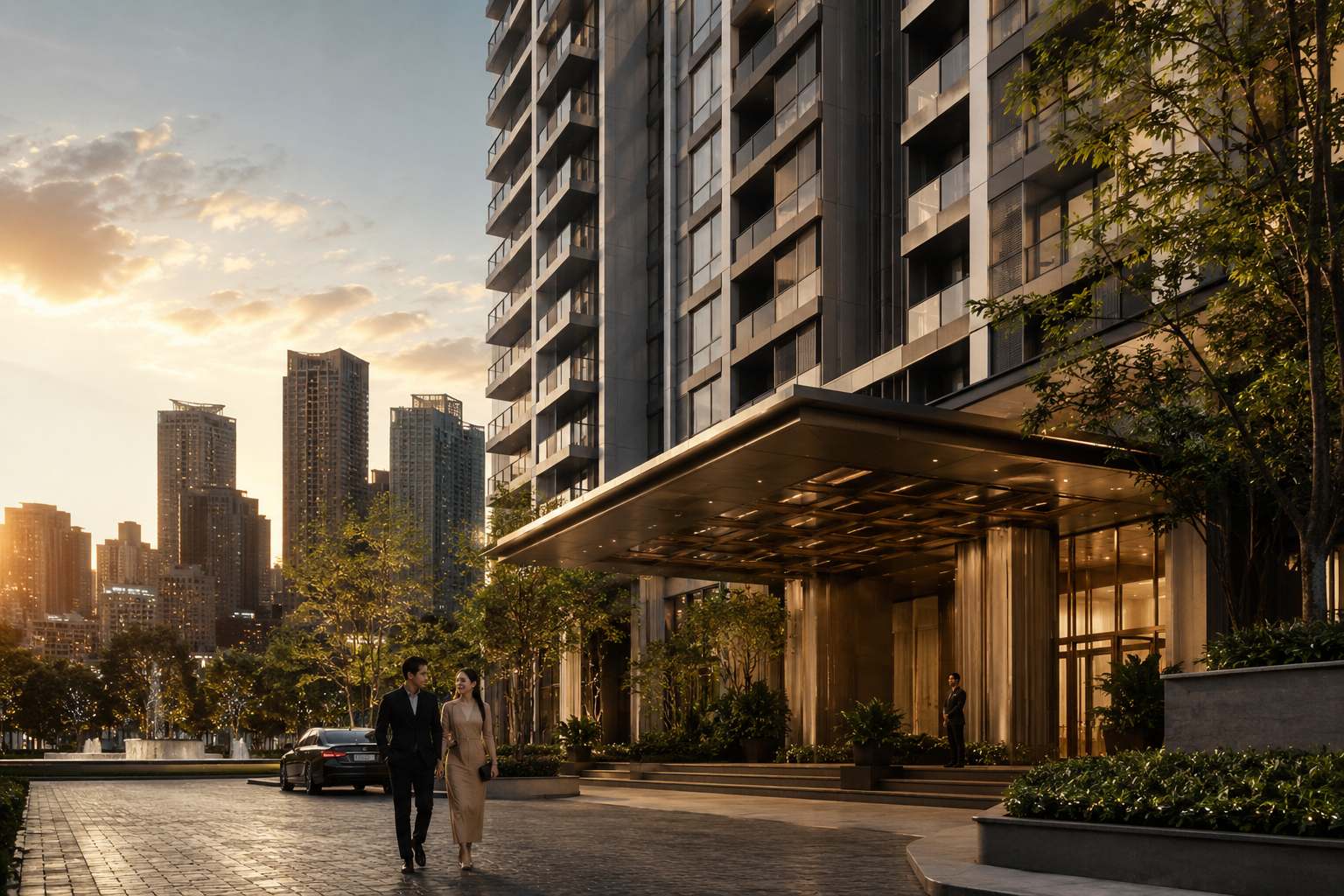 Luxury condominium entrance with landscaped surroundings and city skyline views