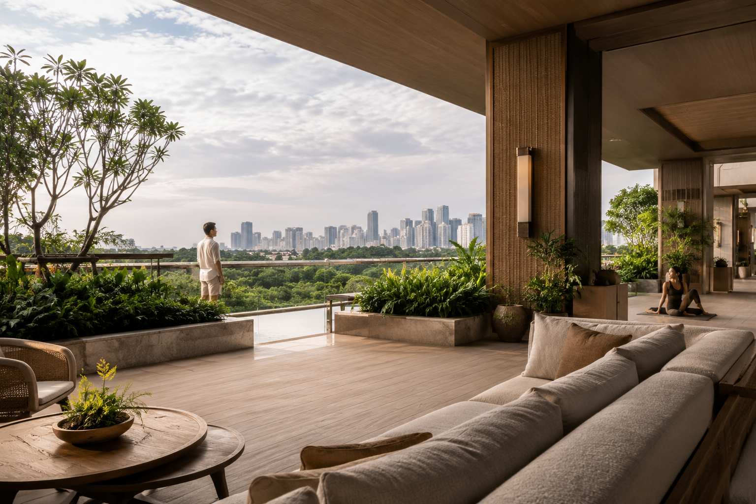 Open-air luxury residence terrace with lounge seating, greenery, and city skyline views