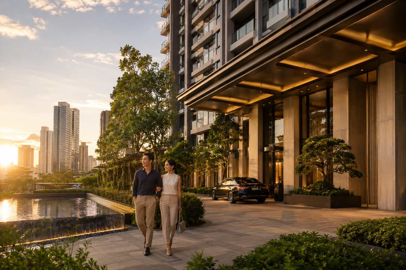 Luxury condominium entrance with a couple walking beside landscaped gardens at sunset