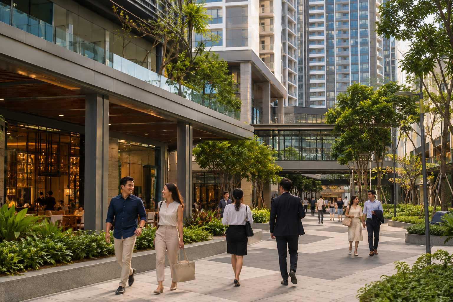 Landscaped mixed-use residential district with pedestrians walking between modern towers