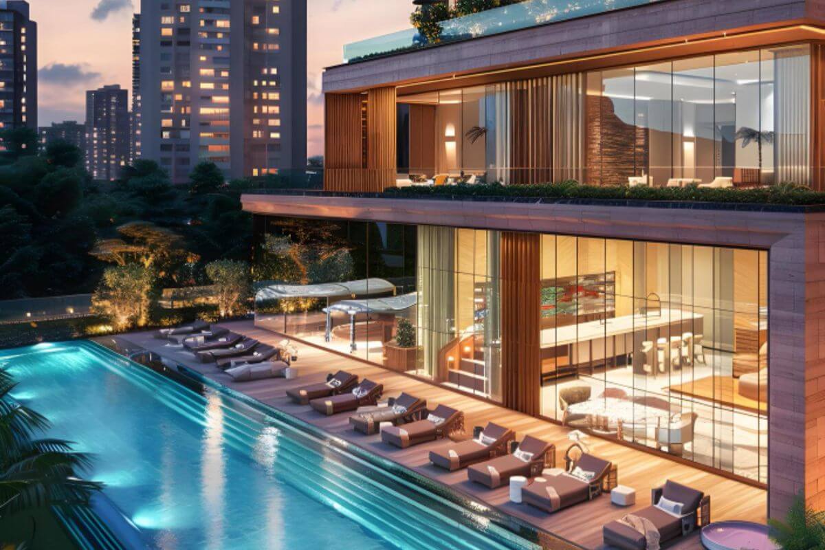 Luxurious high-rise building at dawn with stunning city views, showcasing elegant architecture and premium residential appeal.