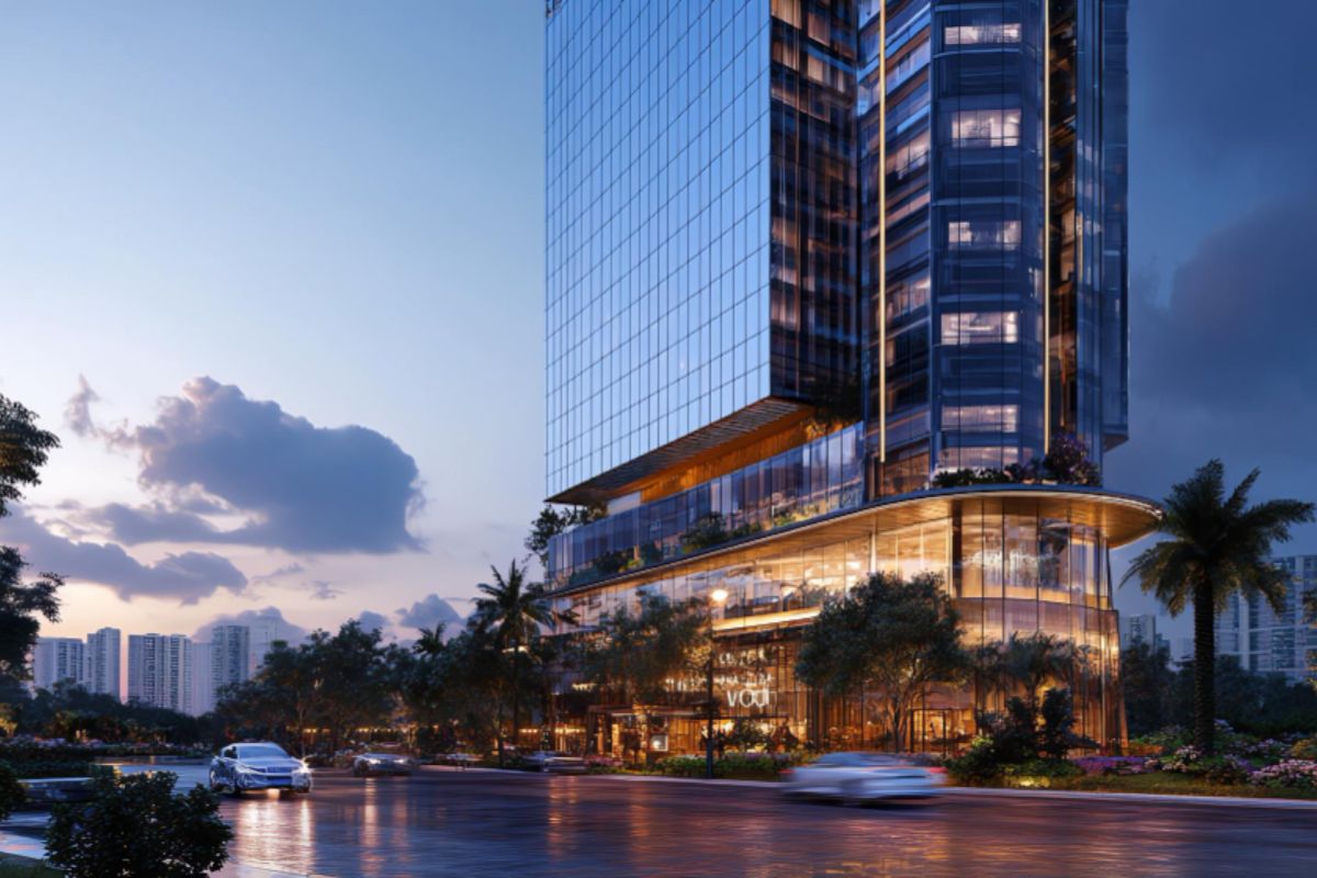 Perspective view of a luxurious high-rise building developed by a renowned property developer, showcasing premium architecture and upscale design.
