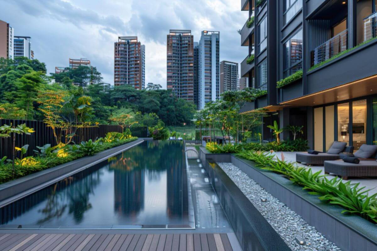 Artist’s perspective of green spaces in a luxury condominium, highlighting landscaped gardens and sustainable design features.
