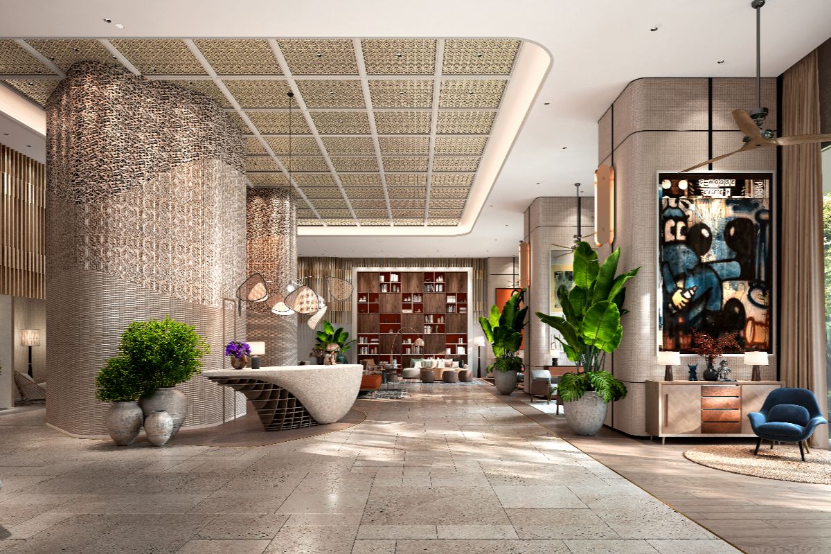 Elegant Shang Properties lobby with refined interiors, lush greenery, and luxury residential design details