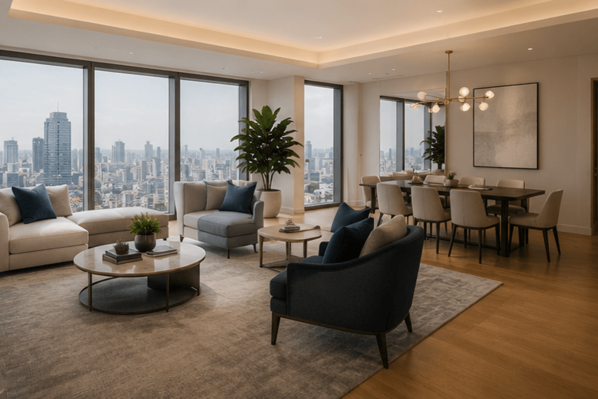 Spacious luxury condominium living and dining area with contemporary furnishings and floor-to-ceiling city views