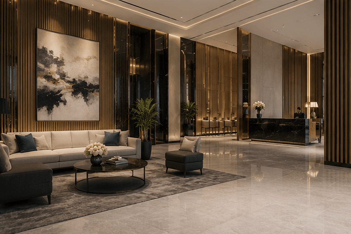 Sophisticated condominium lobby with marble floors, warm wood accents, modern artwork, elegant seating, and a reception desk
