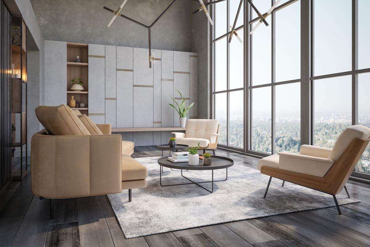Modern luxury condominium lounge with floor-to-ceiling windows overlooking the city skyline