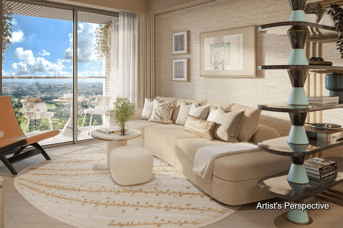 Modern apartment living room with floor-to-ceiling windows overlooking a cityscape.