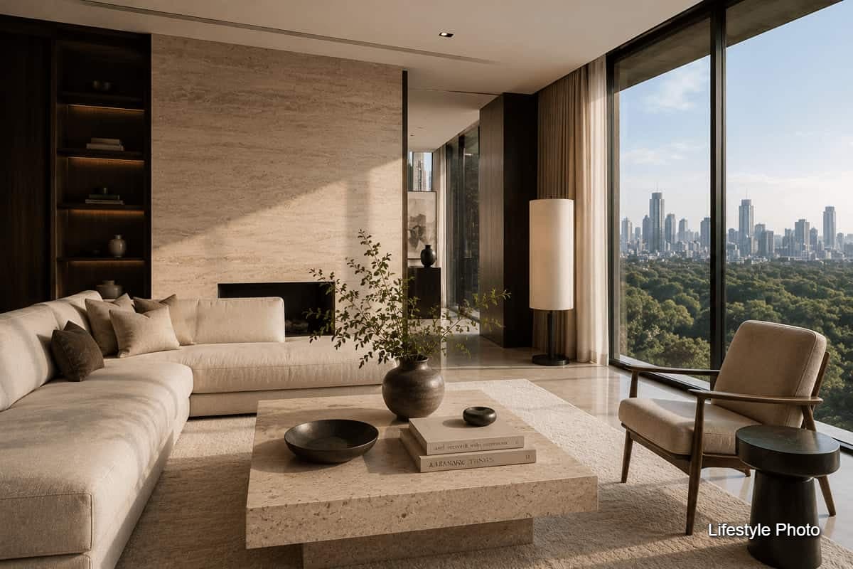 Spacious modern living room with an L-shaped sofa, floor-to-ceiling windows, and views of greenery and the city skyline