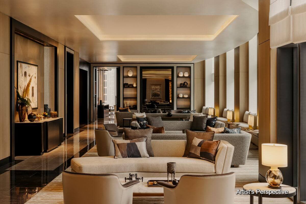 Artist’s rendering of an elegant residential lounge with layered sofas, warm lighting, polished floors, and contemporary décor