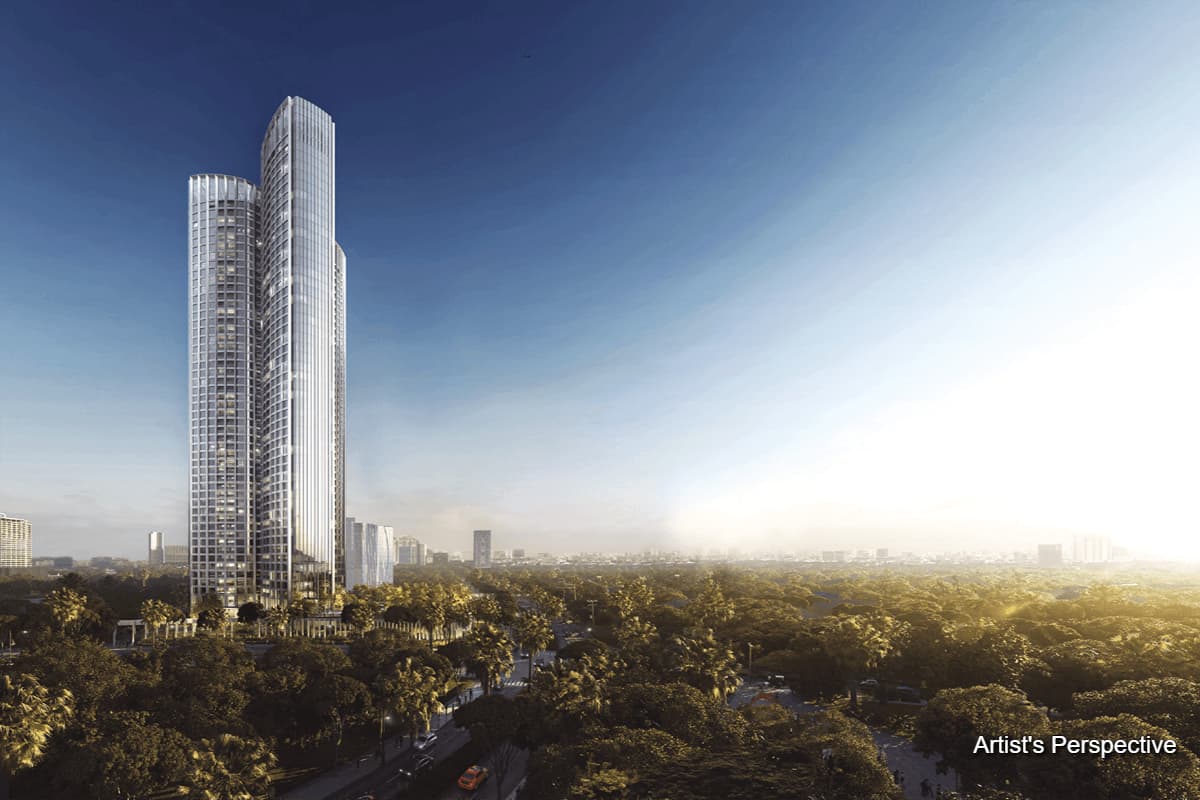 Artist’s rendering of a landscaped swimming pool and lounge area surrounded by modern residential towers