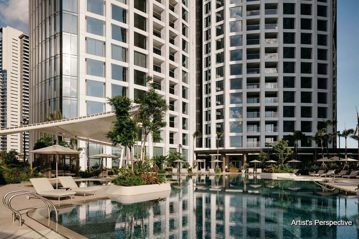 Artist’s rendering of a luxury high-rise residential tower rising above a green urban landscape