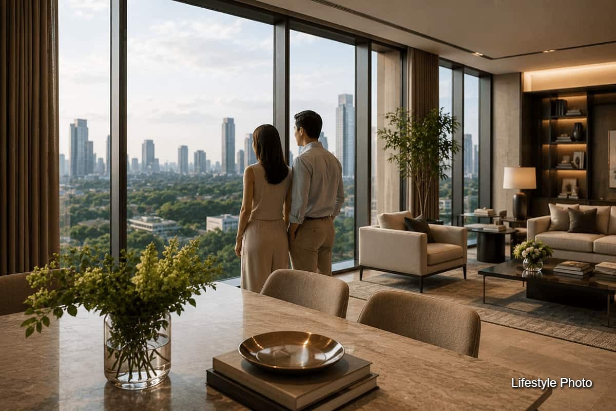 Couple overlooking the city skyline from a sophisticated high-rise residence with floor-to-ceiling windows and elegant furnishings