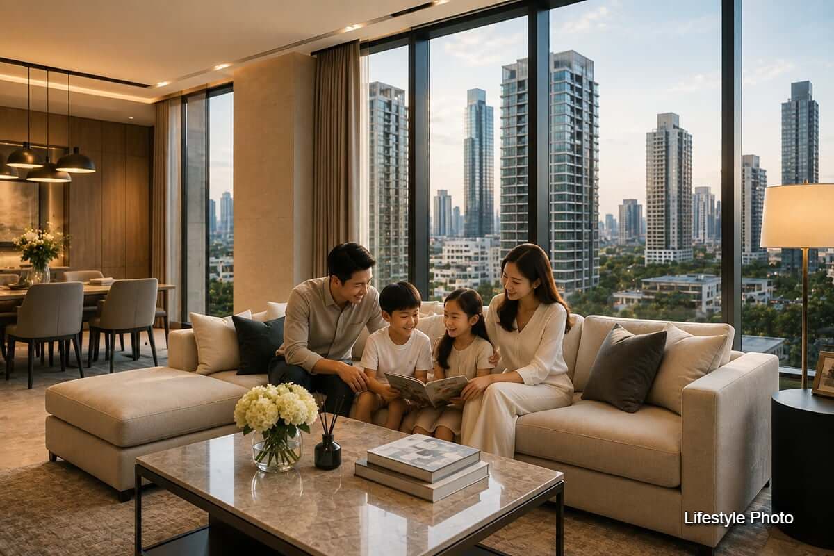 Family of four spending time together in a modern high-rise condominium living room overlooking the city skyline