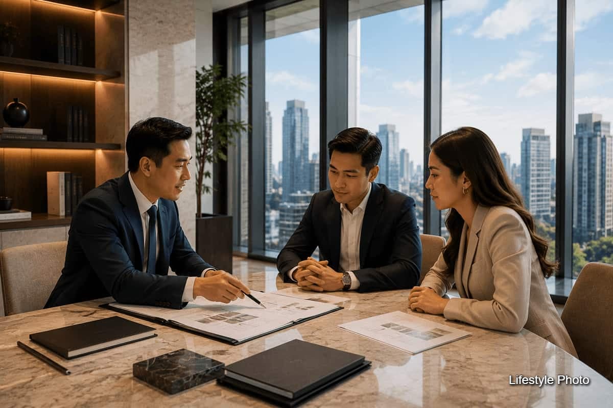 Real estate adviser reviewing property documents with two clients in a high-rise office overlooking the city