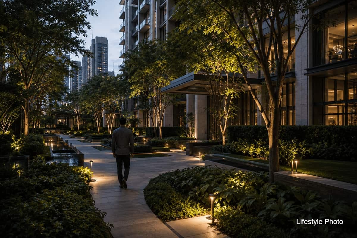 Resident walking along an illuminated landscaped pathway between condominium buildings at dusk
