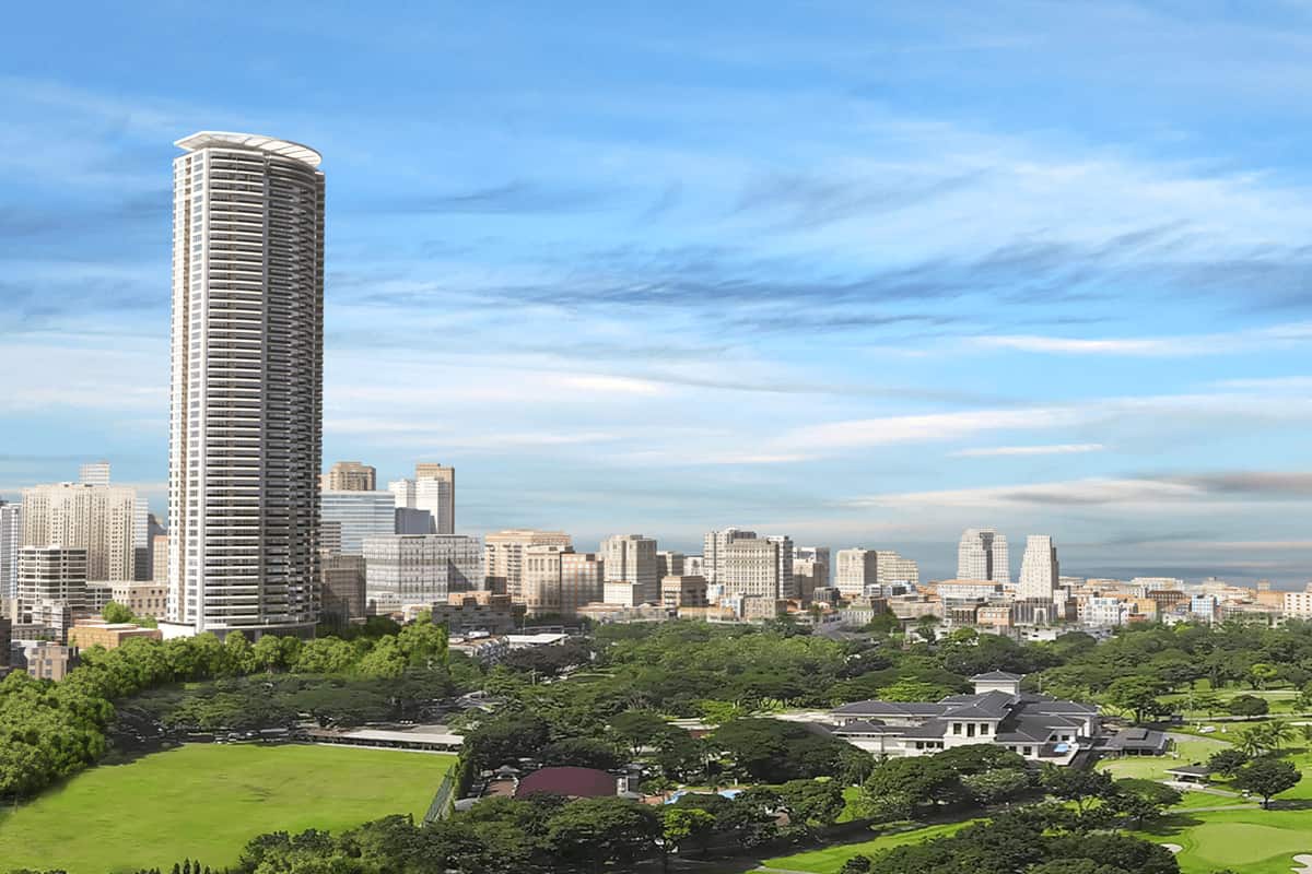 High-rise residential tower overlooking a green urban district, illustrating accessibility, neighborhood quality, and investment potential