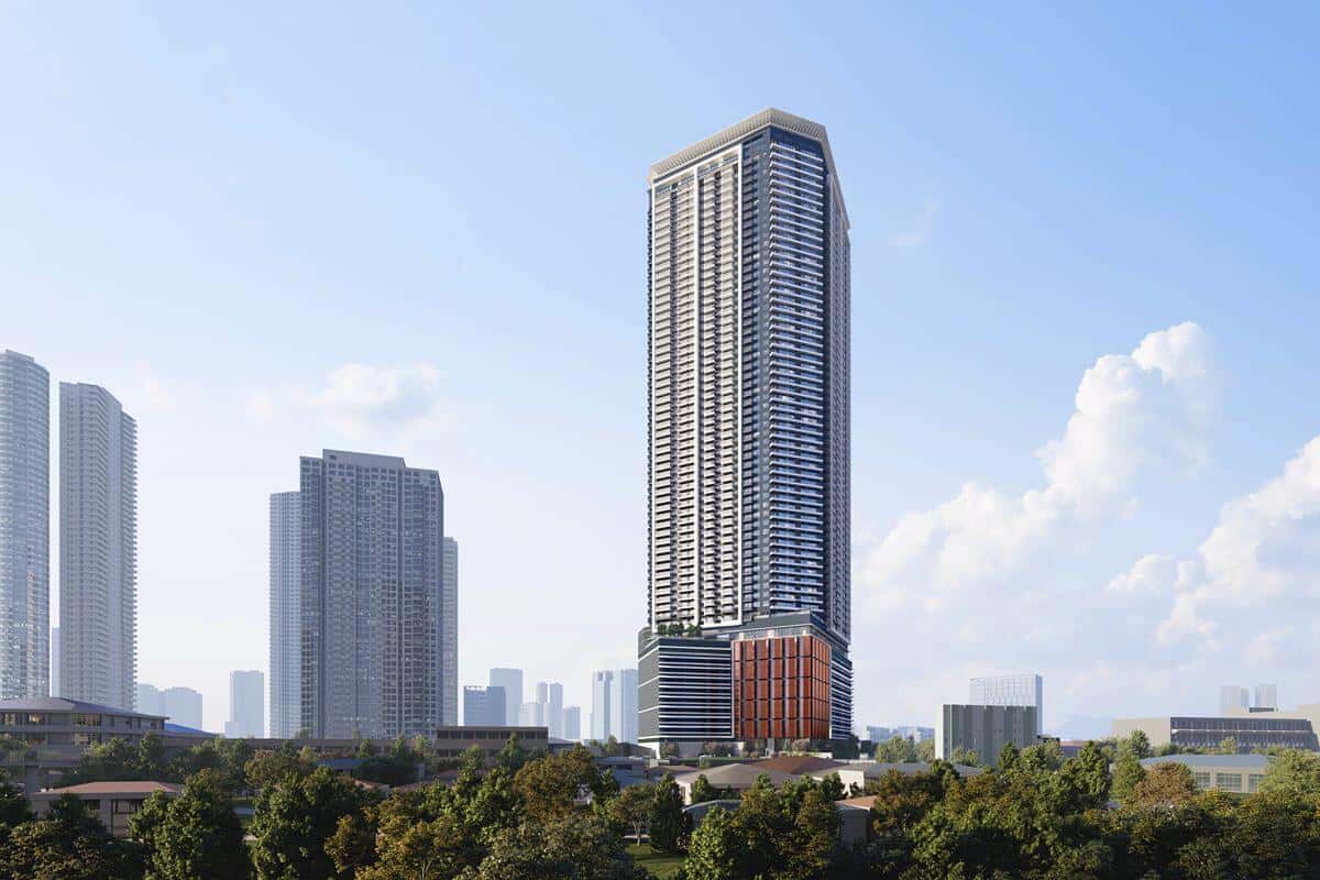 Modern high-rise condominium surrounded by greenery and nearby city developments, showcasing strategic urban location and connectivity