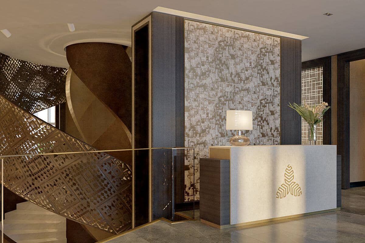 Elegant condominium concierge desk with sophisticated interiors, showcasing personalized resident support and premium service
