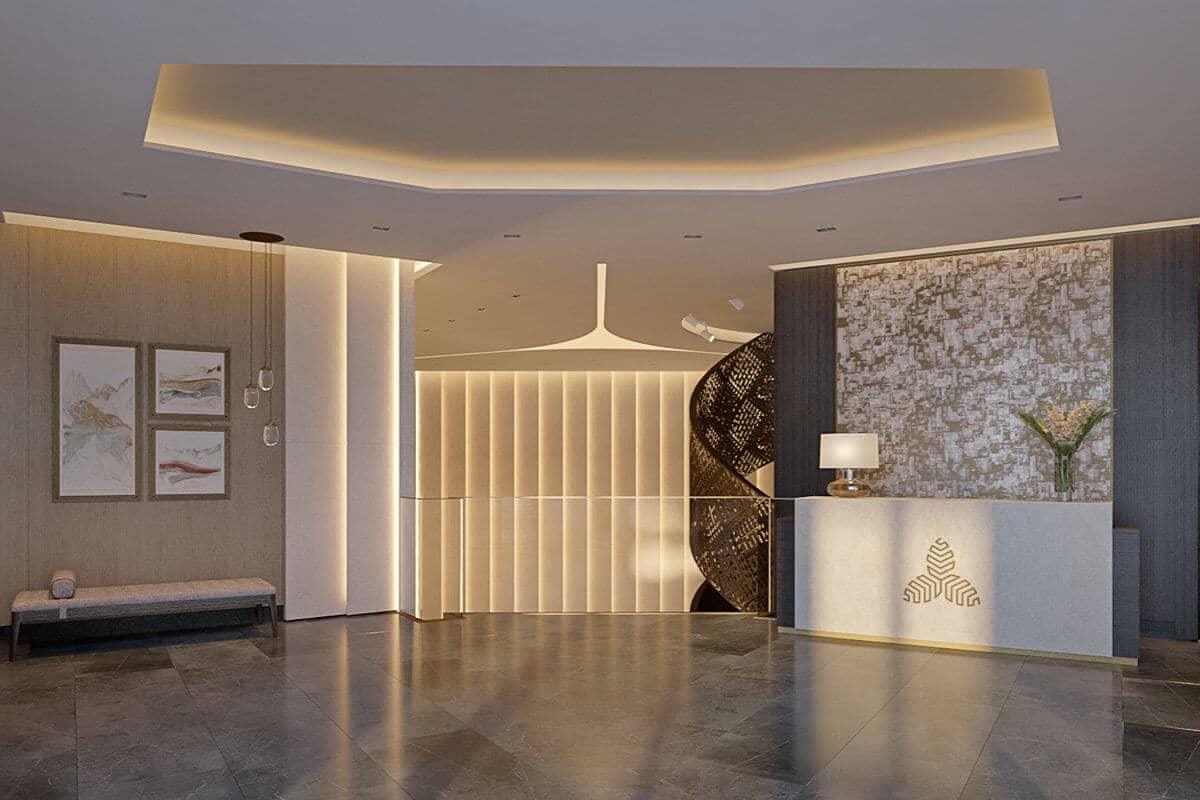 Elegant luxury condominium concierge area with refined interiors, soft lighting, and a reception desk for personalized resident service