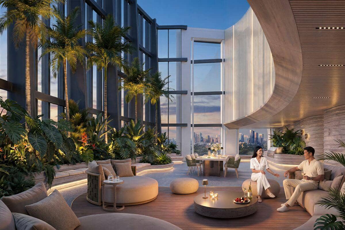 Luxury Shang Properties lounge with lush indoor landscaping, floor-to-ceiling windows, and residents relaxing in an elegant setting