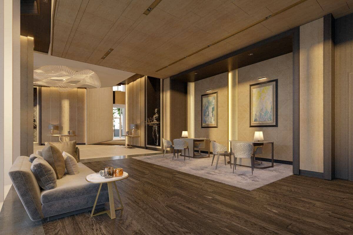 Elegant luxury condominium lounge with refined furnishings and warm lighting, showcasing premium amenities in a sophisticated residential setting