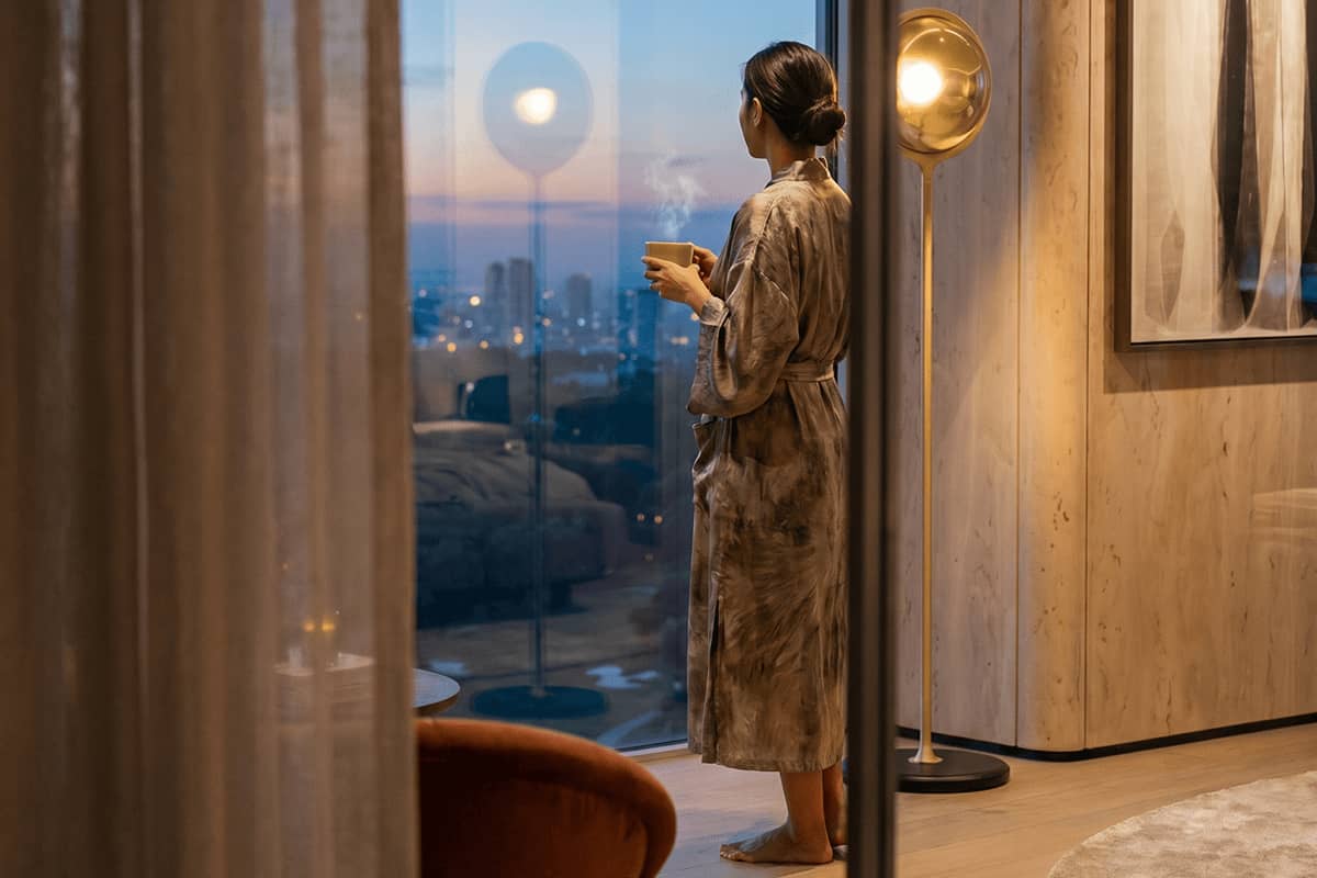 Woman standing inside a luxury residence and looking out over the city skyline, reflecting comfort and elevated urban living