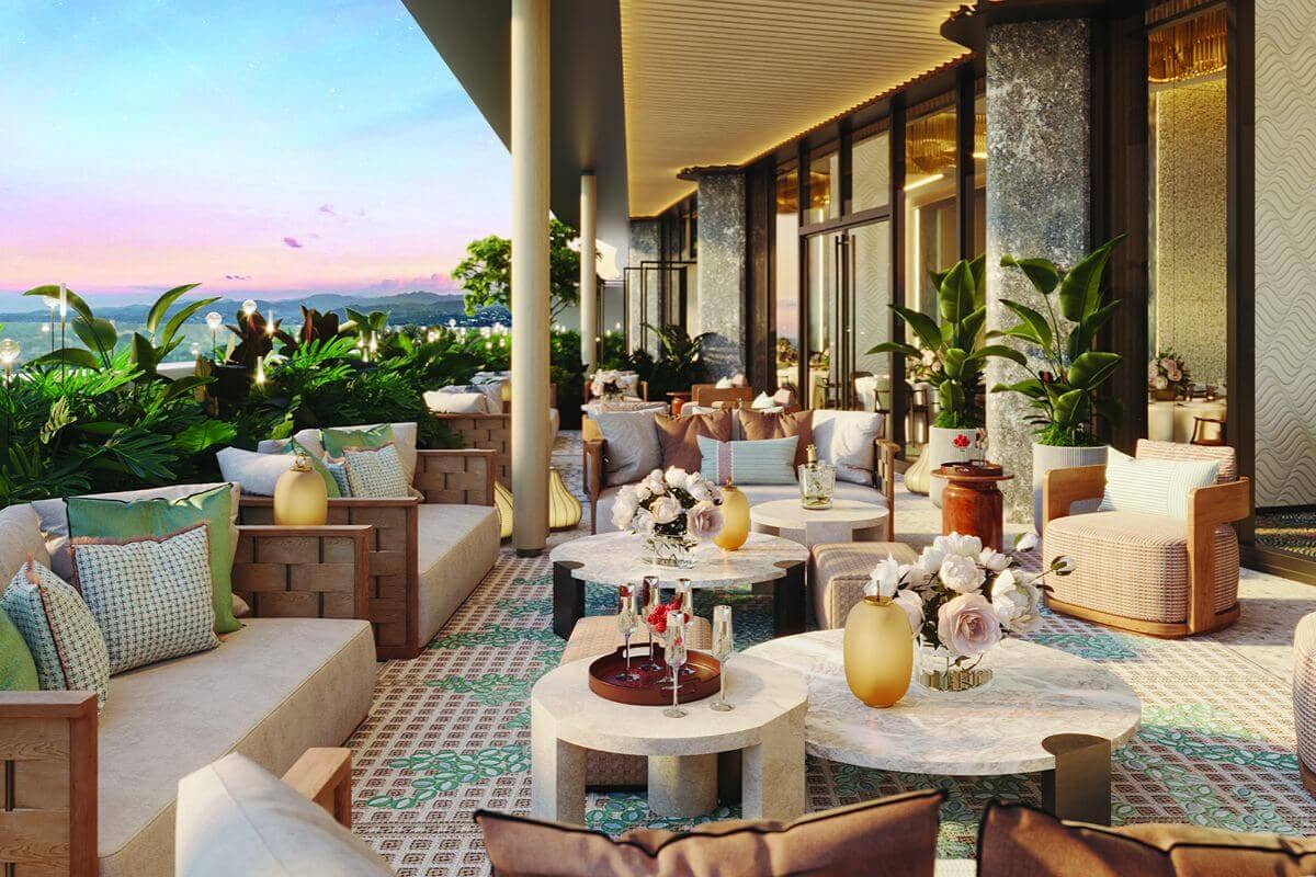 Luxury outdoor lounge with landscaped greenery, elegant seating, and refined finishes showcasing consistent design and amenity quality